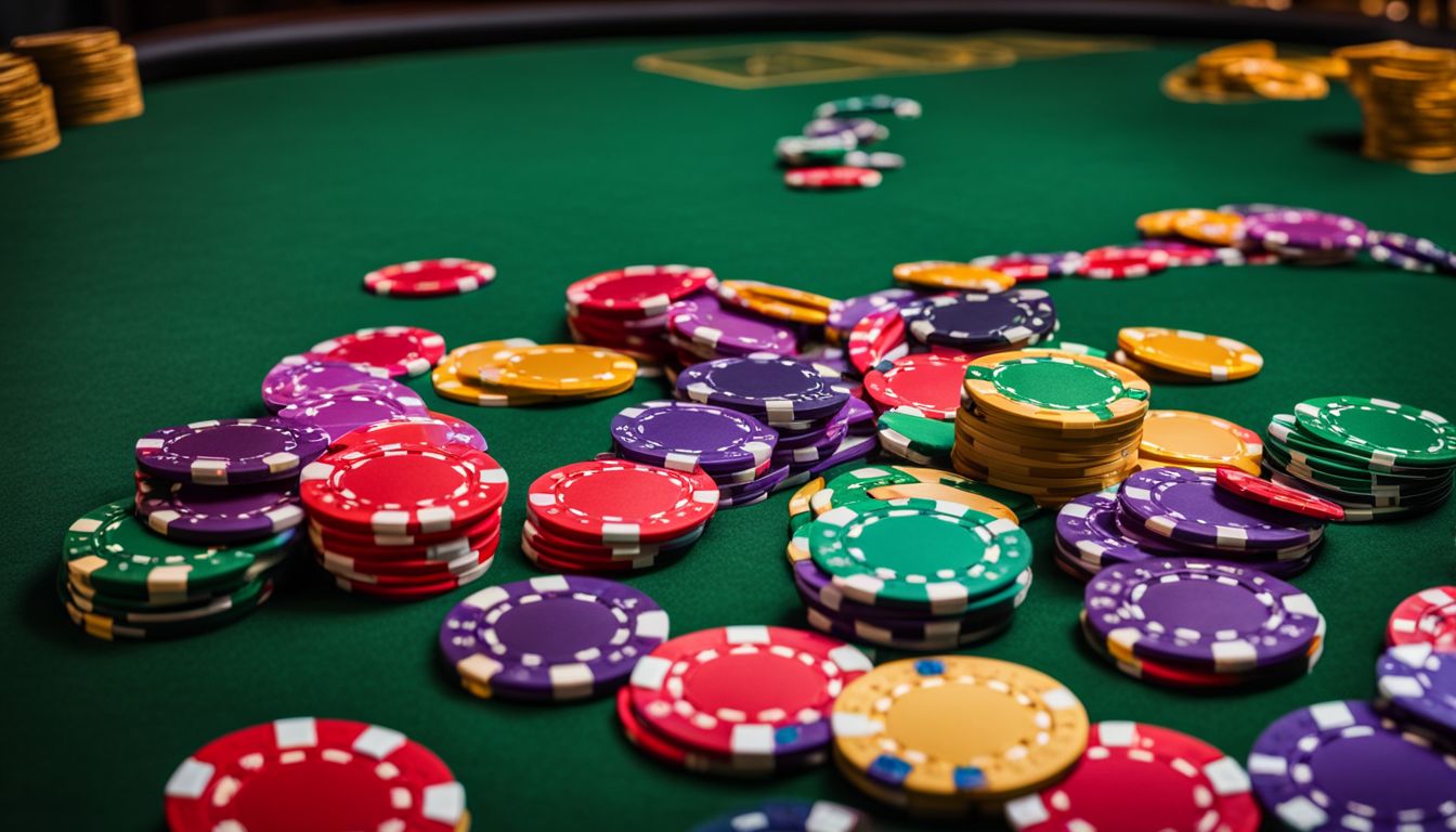 Ett färgglatt kasinomarker sprids ut på ett grönt pokerbord utan människor.