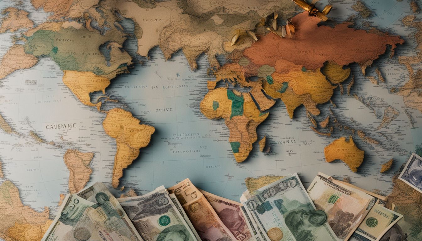 En samling av internationella valutor arrangerade på en världskarta.