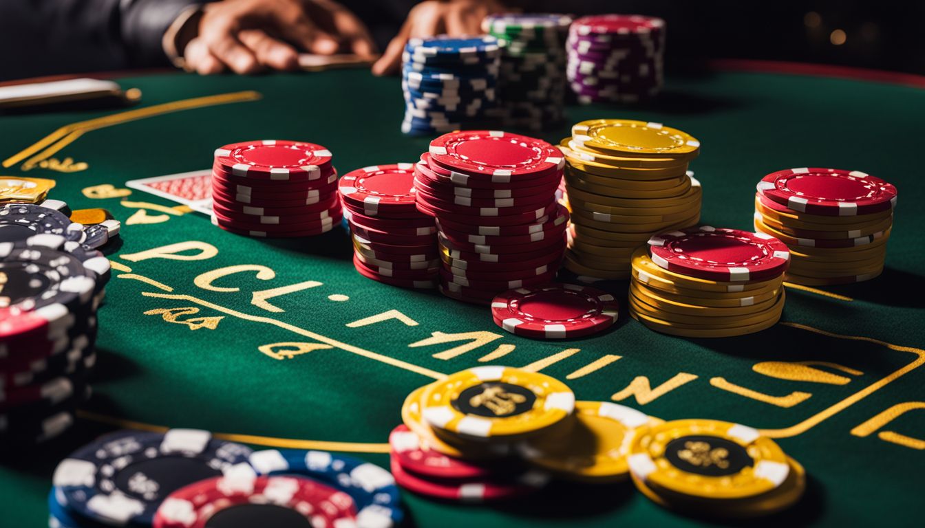 En hög med pokermarker och spelkort på ett lyxigt kasinobord.