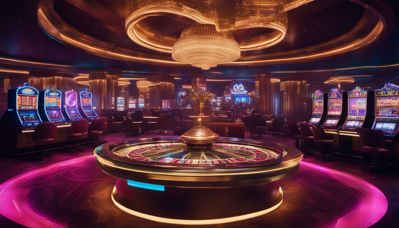 En futuristisk kasinospelgränssnitt med holografiska skärmar.