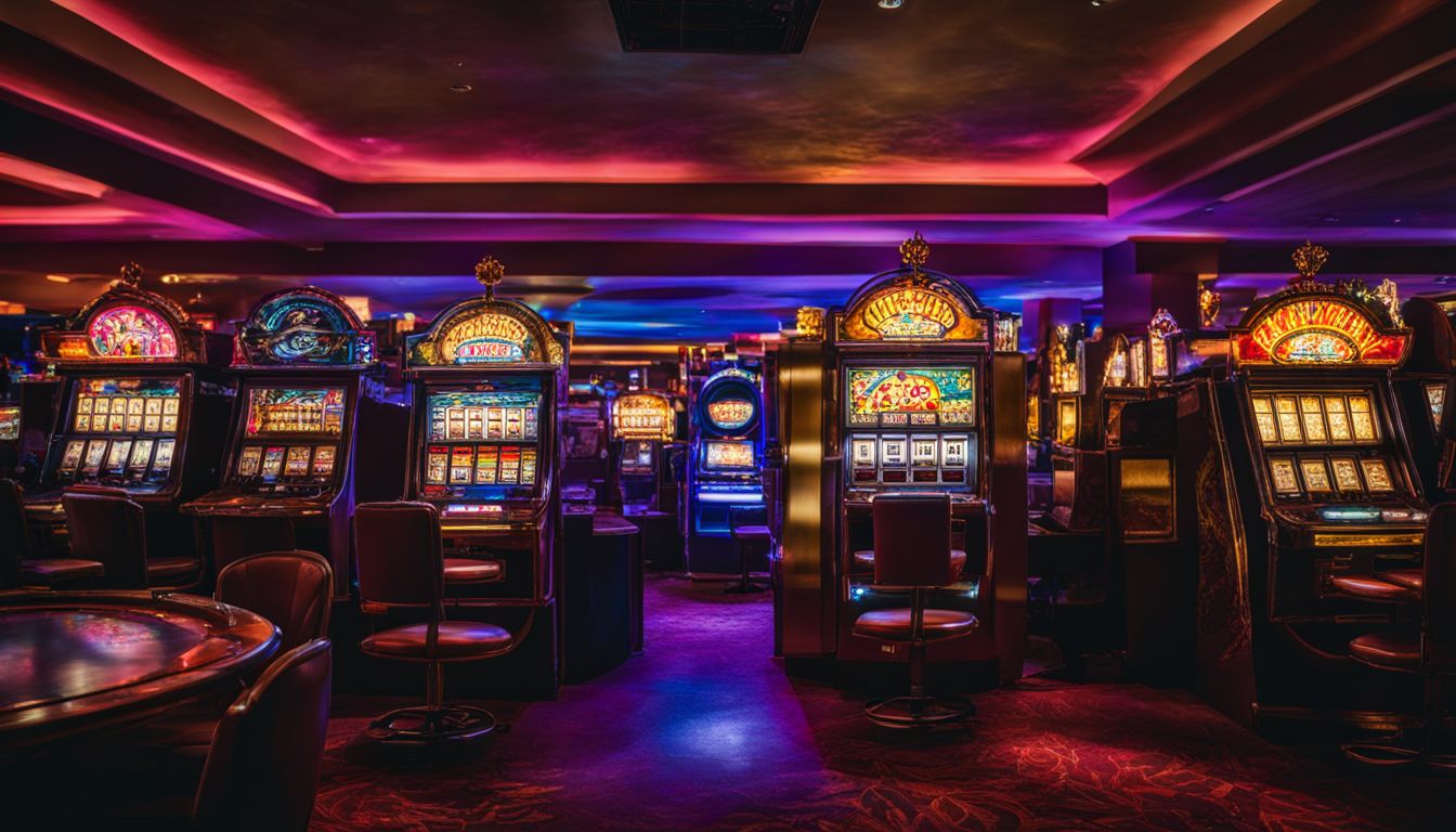 En övergiven spelautomat i ett svagt belyst kasino.
