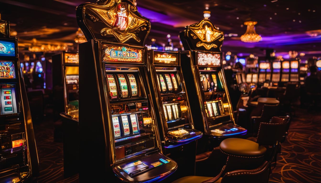 En ensam spelautomat i en tomt upplyst kasino.
