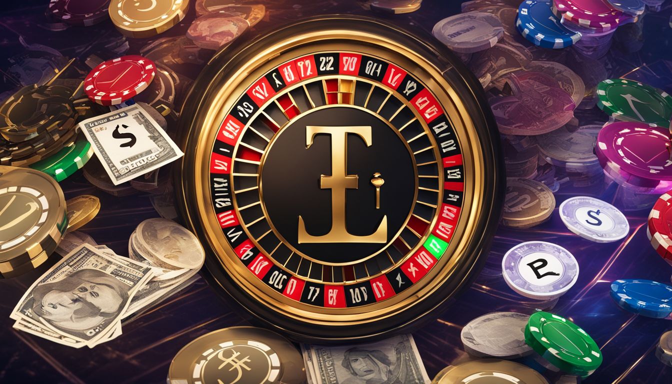 En online casino logo omgiven av internationella valutasymboler och människofria bilder.